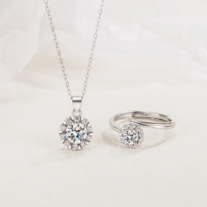Parure de bijoux élégante en argent 925 avec bague fleur en zircon et pendentif
