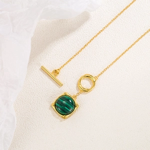S925 silver malachite necklace with gold OT toggle clasp and square vintage pendant