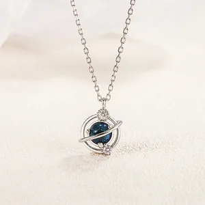 925 Sterlingsilber Blau Sandstein Planet Anhänger Halskette Für Damen Kosmos Strass Schmuck Romantisches Geschenk