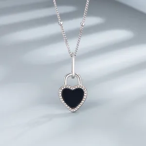 925 Sterling Silver Heart Pendant Necklace Black Agate White Mother Of Artificial Pearl Vintage Retro Lock Shape Beaded Chain Women