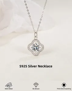Detail of S925 silver clover necklace with 5A zircon and premium plated finish