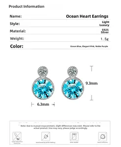 Detailed specs of S925 sterling silver Heart of Ocean earrings with blue gemstone