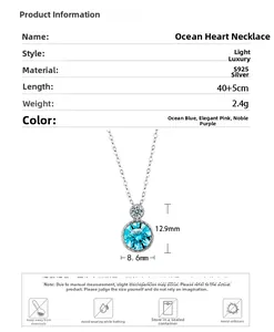 Detailed specs of S925 silver Heart of the Ocean necklace showing 12.9x8.6mm pendant size