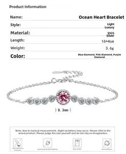 Detail specifications of Heart of the Ocean S925 silver bracelet with pink stone inlay