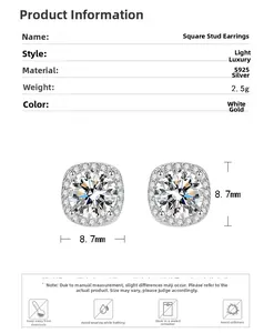 Macro shot of square halo stud earrings in 925 silver with dimension markers and details