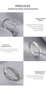 Vista macro di un anello geometrico in argento S925 con design aperto e regolabile