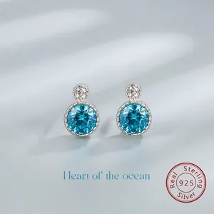 S925 Sterling Silver Heart of the Ocean Stud Earrings For Women Rhinestone Inlaid Geometric Round Fashion Ear Jewelry Gift