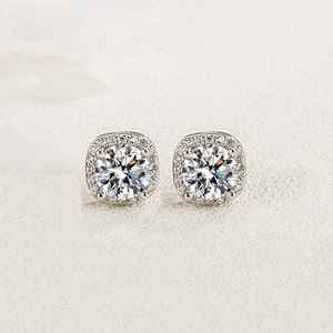 Square halo stud earrings in 925 sterling silver with round clear zircon stones
