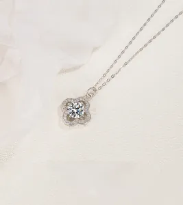 Macro shot of S925 silver four-leaf clover pendant with sparkling cubic zirconia inlay
