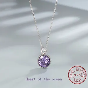 925 Sterling Silver Heart Of The Ocean Necklace For Women Round Rhinestone Inlaid Pendant Light Luxury Clavicle Chain Jewelry
