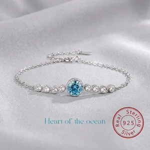 925 Sterling Silver Heart Of The Ocean Bracelet For Women Luxury Round Rhinestone Adjustable Chain Fine Jewelry Gift
