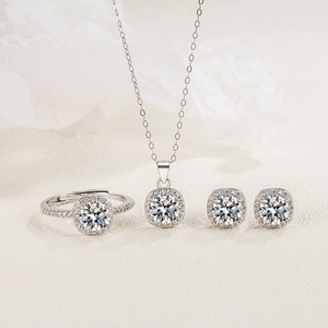 Elegant square halo 925 silver jewelry set featuring zircon necklace ring and earrings