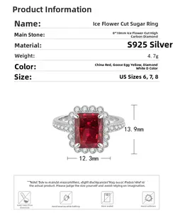 Dettaglio dell'anello in argento S925 con grande diamante rosso 8x10mm taglio a ghiaccio
