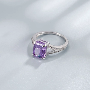 S925 sterling silver ring with rectangular purple zircon and diamond accents