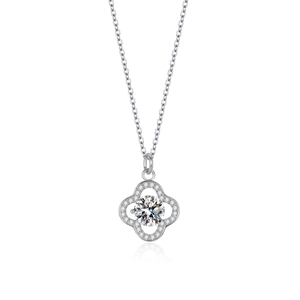 Elegant S925 sterling silver four-leaf clover necklace with sparkling center stone and pavé halo