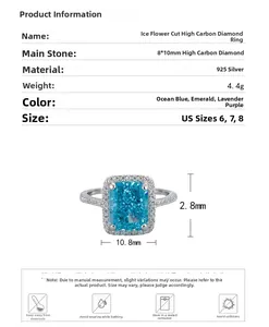 Détails de la bague en argent 925 avec diamant carbone 8x10mm taille glace