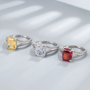 Anillos de plata de ley S925 con piedras rectangulares en colores amarillo, blanco y rojo