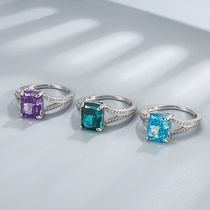 S925 sterling silver rings with rectangular crushed ice cut gemstones in vibrant colors