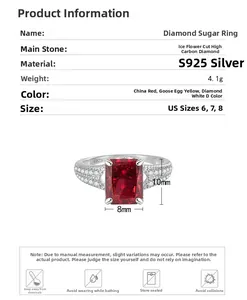 Detail view of 10x8mm emerald cut red gemstone ring with S925 silver band specifications