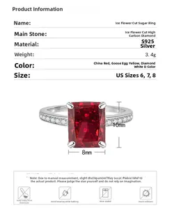 S925 silver ice flower cut ring specifications with 8x10mm red high carbon diamond