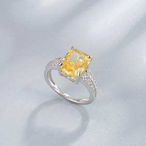 Luxurious S925 silver ring featuring a large rectangular yellow gemstone and micro-pave setting