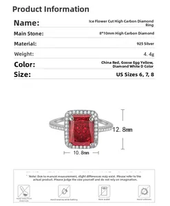 Macro detail of S925 silver ring featuring 8x10mm ice-cut rectangular red high carbon stone