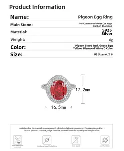 Détails de la bague œuf de pigeon en argent S925 avec pierre rouge coupe fleur de glace