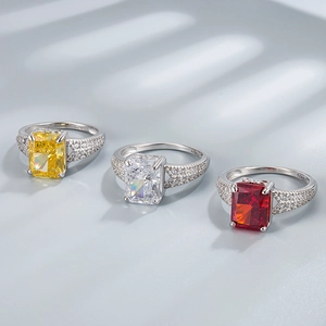 S925 sterling silver rectangle cushion cut rings with yellow, white and red stones