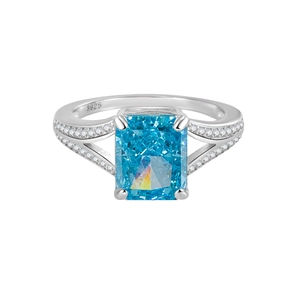 S925 sterling silver ring with rectangular blue gemstone and pavé split shank design