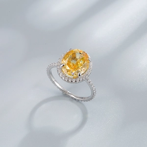 Elegant 925 silver halo ring featuring 10x12mm oval yellow carbon diamond center stone