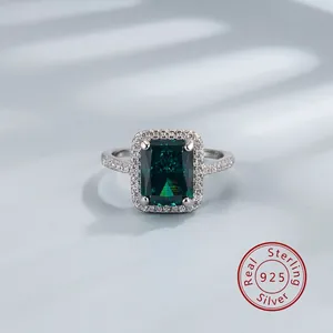 Élégante Bague Halo en Argent Sterling 925 Taille Fleur de Glace Strass Vert Émeraude pour Femmes Bijoux Géométriques de Mariage Fête Cadeau