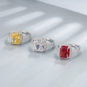 S925 sterling silver halo ring with emerald cut high carbon diamonds in three colors