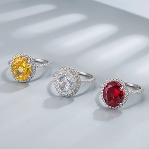 Halo oval cut 925 silver rings with yellow, clear and red high carbon diamonds