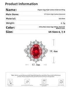 Detailed size chart for 925 silver ring with 10x12mm oval red high carbon diamond