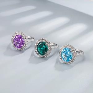 Luxury 925 sterling silver rings with oval cut carbon diamonds in purple, green, and blue