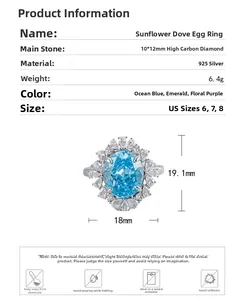 Macro view of a 925 sterling silver sun flower ring featuring 10x12mm blue high carbon diamond