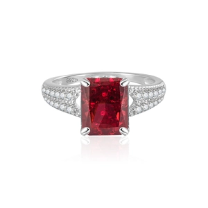 Luxurious S925 sterling silver ring with large rectangular red gemstone and zircon accents