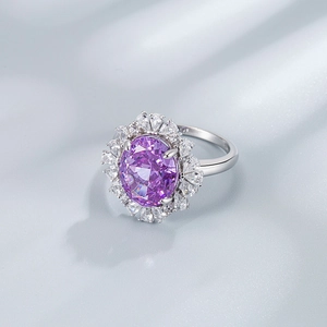 S925 silver halo ring with 10x12mm oval purple sapphire and crushed ice cut gems