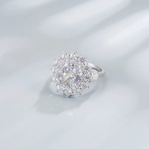 925 sterling silver ring featuring a large oval ice-cut diamond in a floral halo design