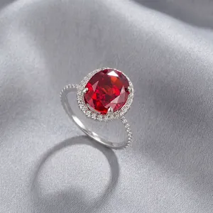 Elegant 925 Sterling Silver Oval Cut Rhinestone Halo Ring For Women Large Red Yellow White Gemstone Inlaid Wedding Party Jewelry