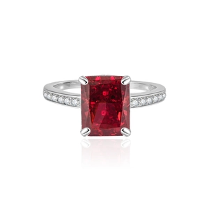 S925 silver ring featuring a large rectangular red gemstone with four-prong setting