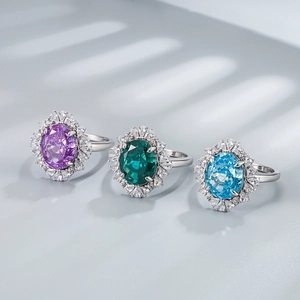 925 silver rings with oval-cut sapphire, emerald and purple high carbon diamonds