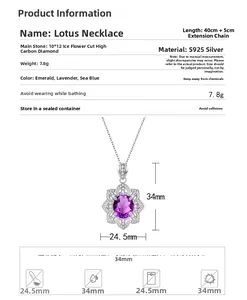 Detailed size chart of S925 silver lotus necklace with 10x12mm high carbon diamond pendant