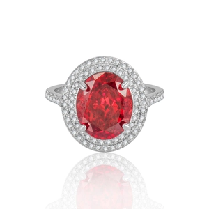 Bague élégante en argent S925 avec rubis ovale et double halo de diamants