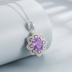 925 silver necklace featuring a large oval purple crystal lotus flower pendant with zircons