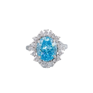 925 silver high carbon cocktail ring with oval blue sapphire and floral zircon halo