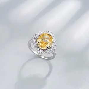 Bague Halo Ovale en Argent Sterling 925 Élégant Style Tournesol Rouge Jaune Blanc Strass Bague pour Femme Mariage Bijoux