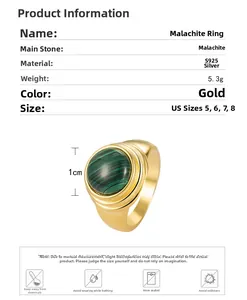 Detailed view of S925 silver ring with green malachite stone and ridged gold texture