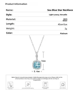 Size chart showing dimensions and S925 silver specs for blue sapphire star necklace