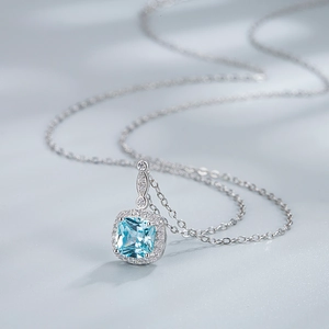 925 silver necklace with square blue sapphire pendant in halo setting for women